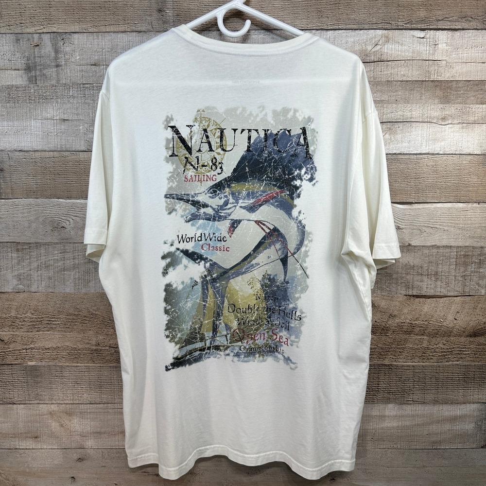Nautica Mens Sea Voyage Wind & Sail Swordfish Graphic T-Shirt XL Cream‎ Cotton